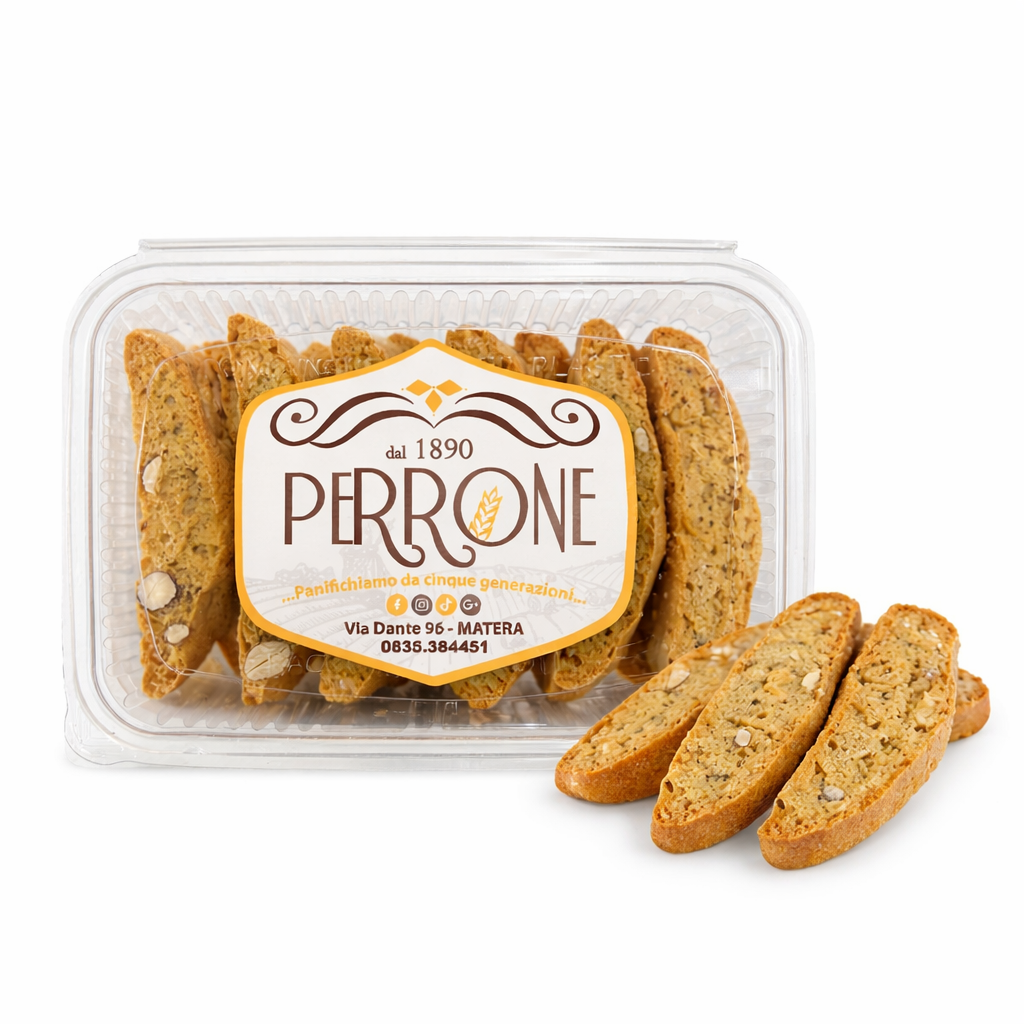 Cantucci alle mandorle artigianali con confezione Perrone e biscotti in esposizione