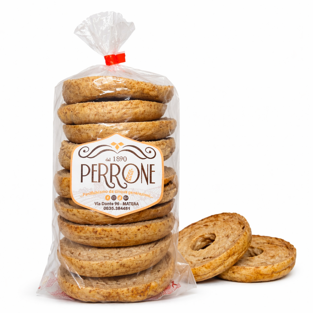 Confezione di friselle integrali artigianali Perrone, preparate con farine dal gusto rustico