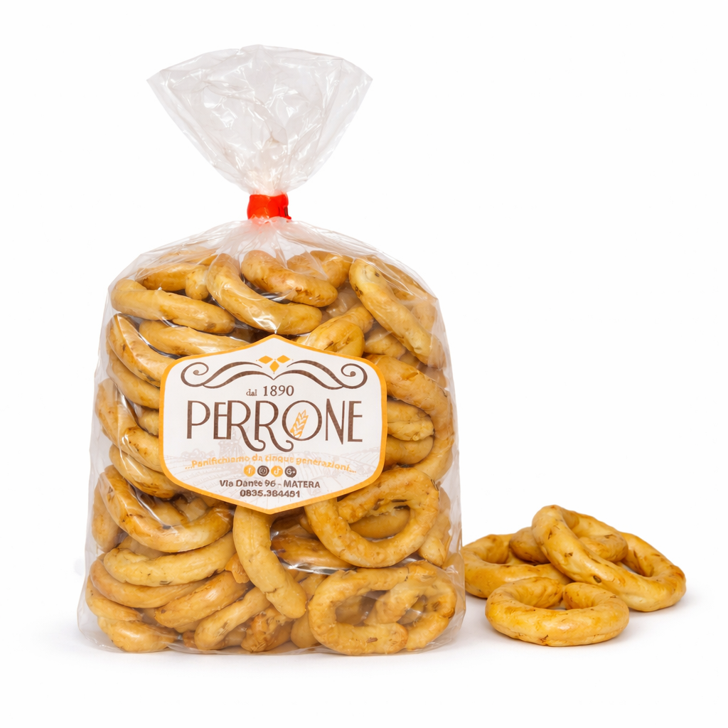 Taralli ai semi di finocchio artigianali con confezione Perrone e prodotto in esposizione