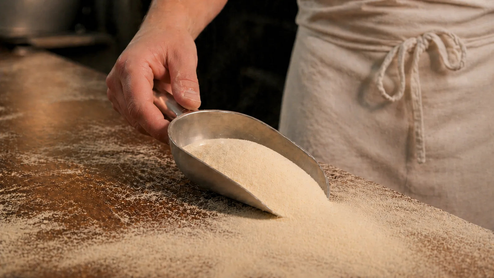 Fornaio che lavora la semola di grano duro nel laboratorio del Panificio Perrone