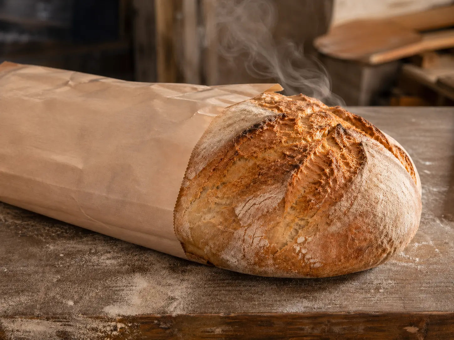 Pane caldo appena sfornato, parzialmente fuori da una busta di carta su un tavolo da forno infarinato, con leggero vapore che sale dalla crosta dorata.